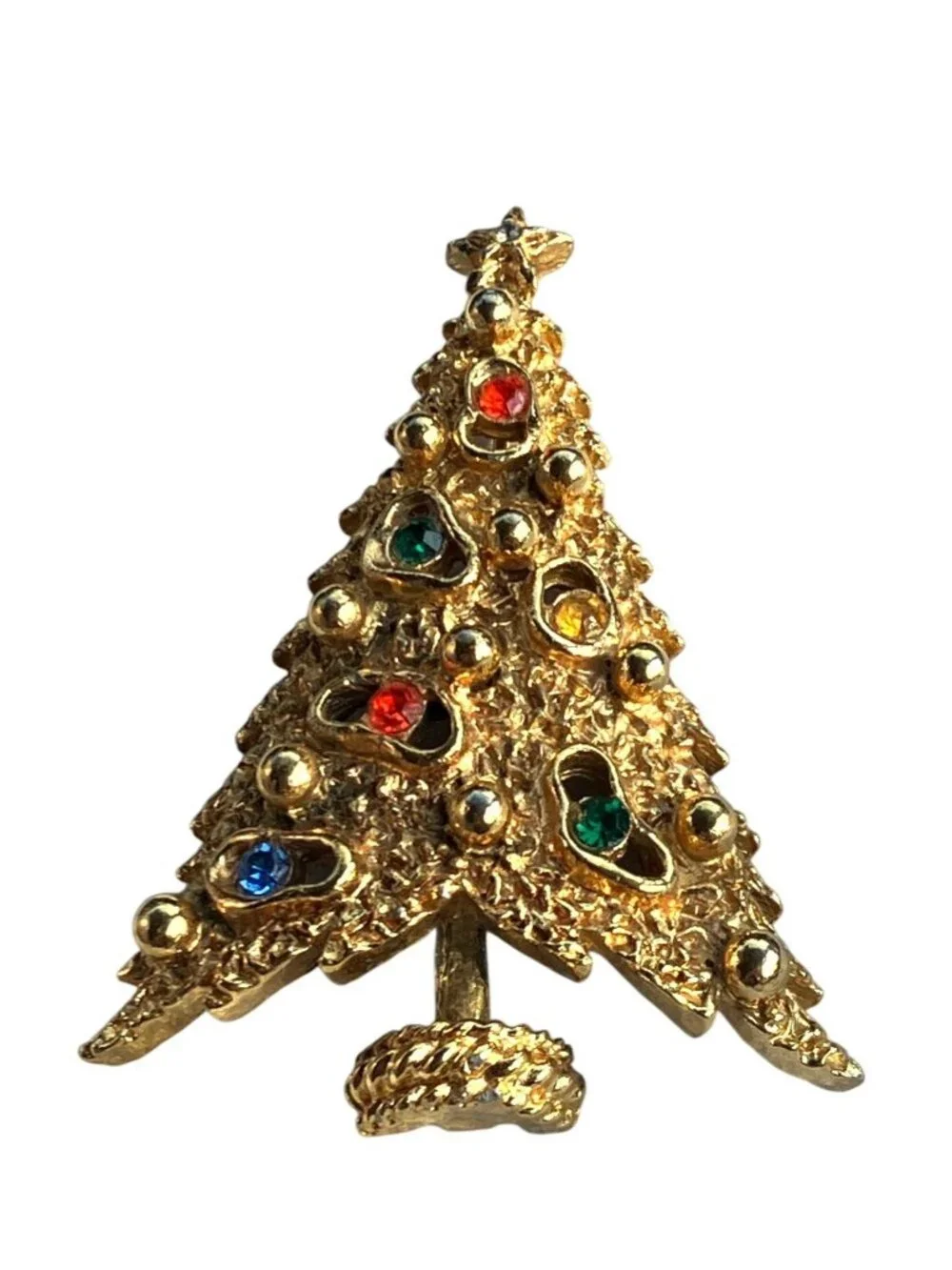 Gold Tone Christmas Tree Pin Brooch Multicolor Rhinestones Star Accent Signed
